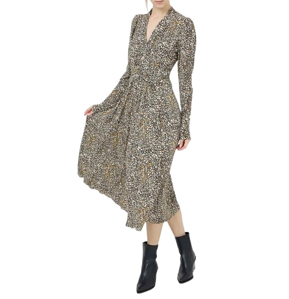 Ba&sh Seven Beige Floral Print Long Sleeve V-Neck Midi Dress Size Small